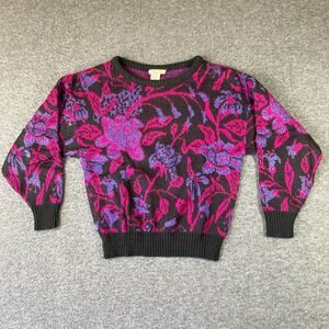Vintage 80s SML Sport Wool Blend Sweater Womens Medium M Black Pink Floral Retro